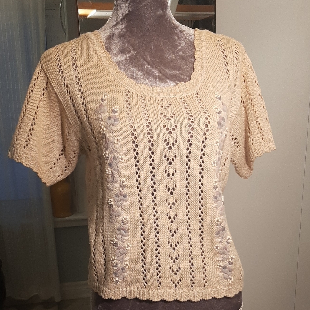 Jump💝Tricots VINTAGE Linen/COTTON Blend Knit WITH FLORAL EMBROIDERY Sz M